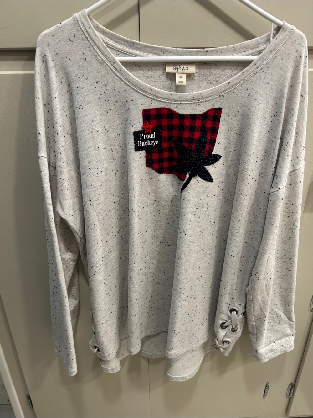 Style & Co. Gray Speckled Sweatshirt with Red Buffalo Plaid Ohio Patch